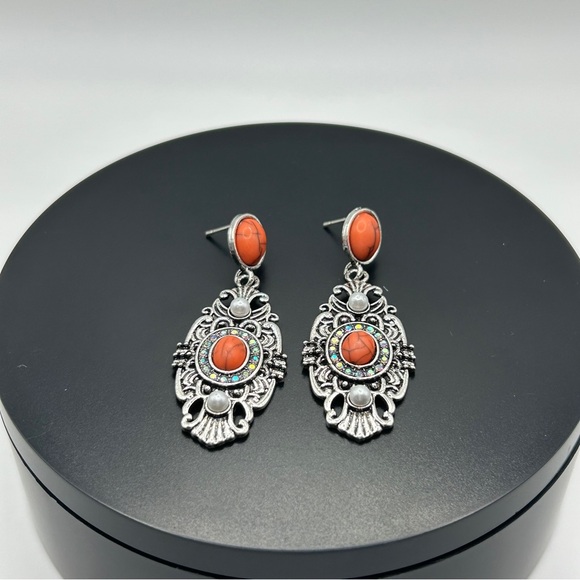 Nicole - Silver & Coral Southwestern Style W/AB Stone Dangle Earrings - Picture 1 of 8